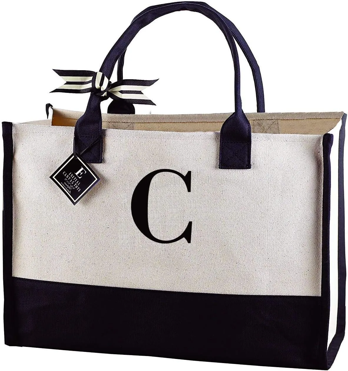 Mud Pie Classic Black and White Initial Canvas Tote Bags (C), 100% Cotton, 17" x 19" x 2"