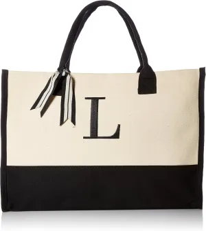 Mud Pie Classic Black and White Initial Canvas Tote Bags (L), 100% Cotton, 17" x 19" x 2"