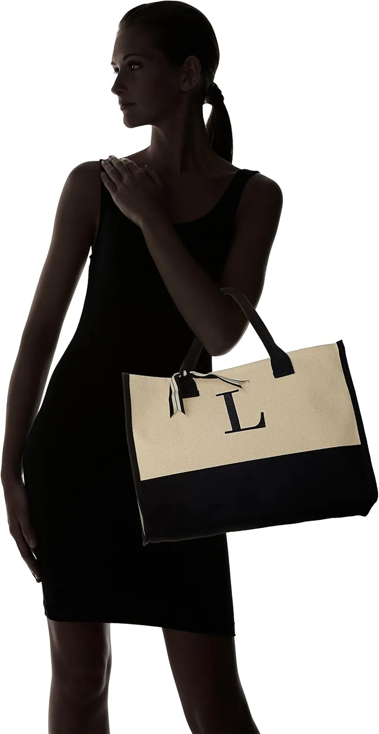 Mud Pie Classic Black and White Initial Canvas Tote Bags (L), 100% Cotton, 17" x 19" x 2"