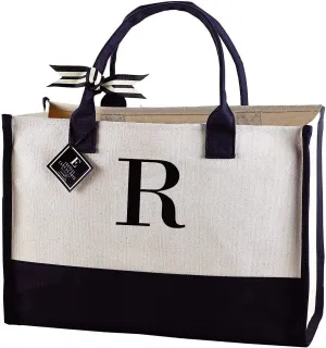 Mud Pie Classic Black and White Initial Canvas Tote Bags (R), 100% Cotton, 17" x 19" x 2"