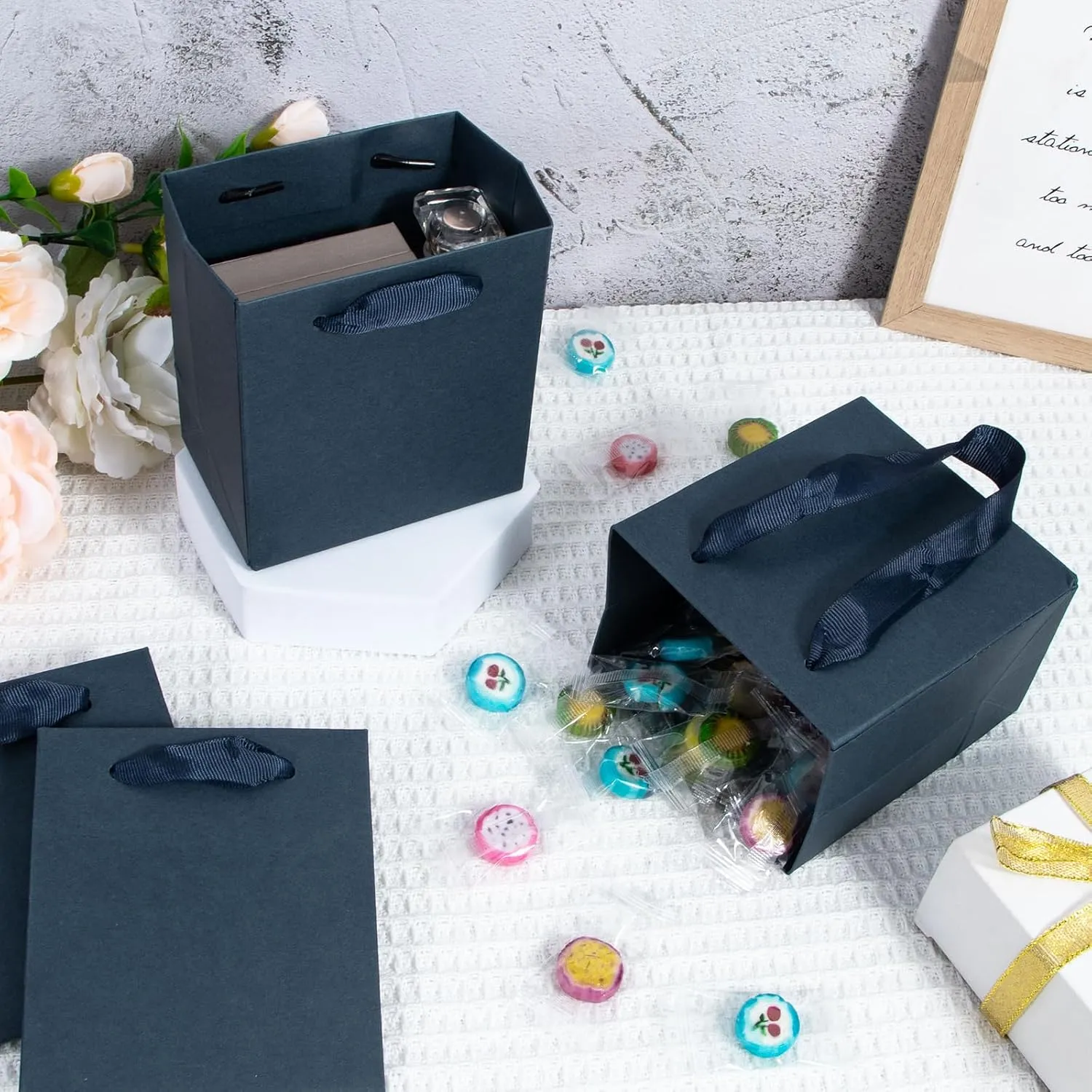 Navy Blue Gift Bags 50 Pack, Sdootjewelry Small Navy Blue Gift Bags, 4 x 2.8 x 4.5 inches Small Gift Bags Paper Bags with Handles, Black Mini Gift Bags, Shopping Bags for Small Business, Retail and Shopping