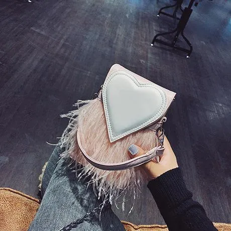New design fashion feathers heart pu leather Party Casual female totes ladies handbag chain shoulder bag phone purse flap