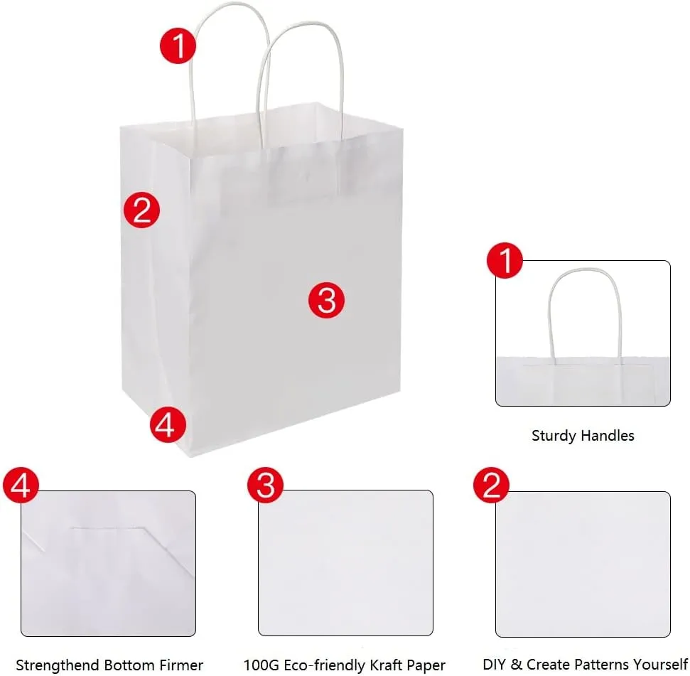 Oikss 100 Pack 8x4.75x10 Inch Medium White Kraft Paper Bags with Handles Bulk for Birthday Wedding Party Favors Grocery Retail Shopping Business Takeout Goody Craft Gift Bags Sacks, (100pcs Count)