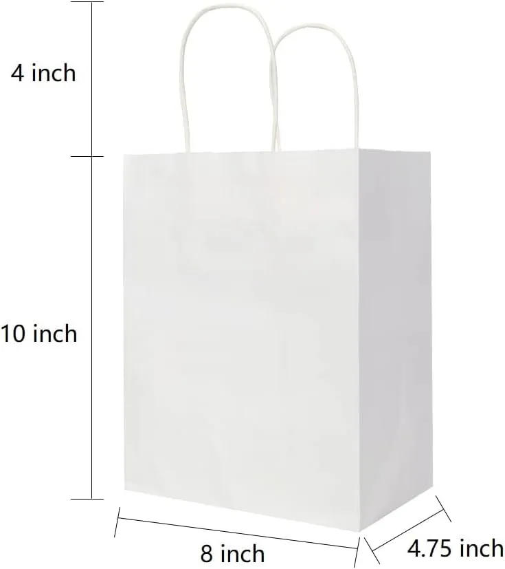 Oikss 100 Pack 8x4.75x10 Inch Medium White Kraft Paper Bags with Handles Bulk for Birthday Wedding Party Favors Grocery Retail Shopping Business Takeout Goody Craft Gift Bags Sacks, (100pcs Count)