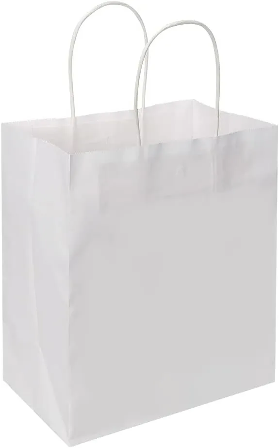 Oikss 100 Pack 8x4.75x10 Inch Medium White Kraft Paper Bags with Handles Bulk for Birthday Wedding Party Favors Grocery Retail Shopping Business Takeout Goody Craft Gift Bags Sacks, (100pcs Count)