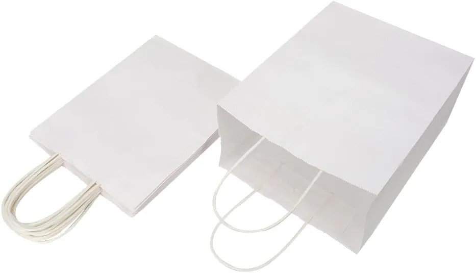 Oikss 100 Pack 8x4.75x10 Inch Medium White Kraft Paper Bags with Handles Bulk for Birthday Wedding Party Favors Grocery Retail Shopping Business Takeout Goody Craft Gift Bags Sacks, (100pcs Count)
