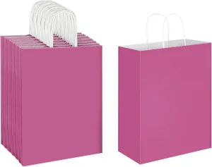 Oikss 50 Pack 10x5x13 Fuchsia Pink Kraft Paper Bags with Handles Bulk for Birthday Party Favors Grocery Retail Shopping Business Goody Recycled Craft Gift Bags (Large Size, 50 Count)