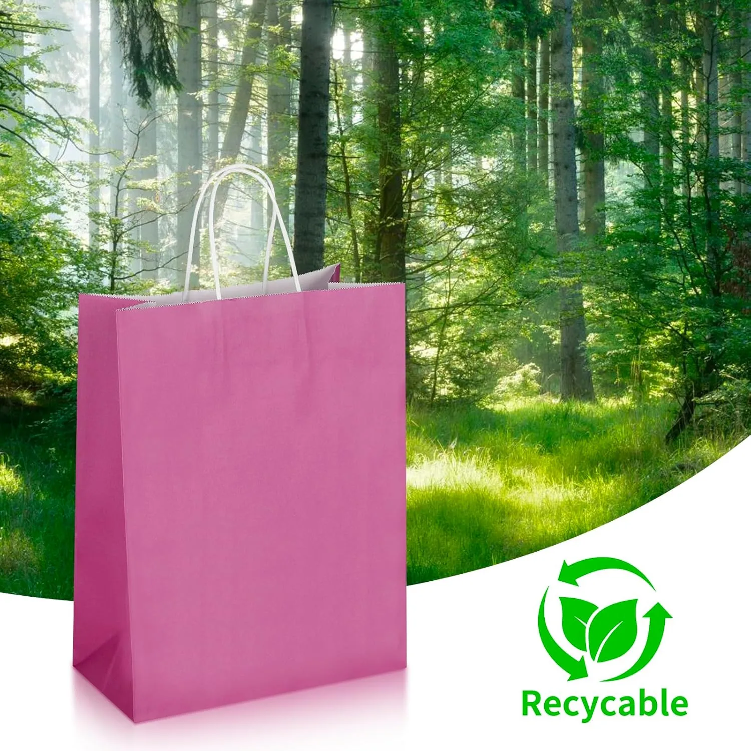 Oikss 50 Pack 10x5x13 Fuchsia Pink Kraft Paper Bags with Handles Bulk for Birthday Party Favors Grocery Retail Shopping Business Goody Recycled Craft Gift Bags (Large Size, 50 Count)