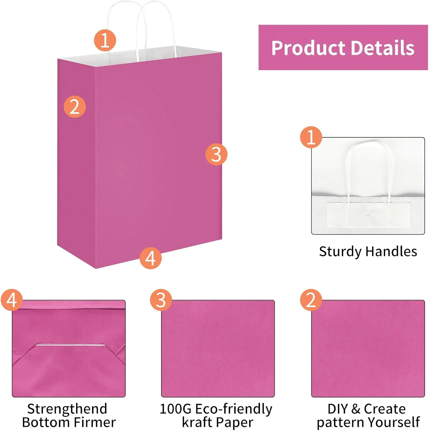Oikss 50 Pack 10x5x13 Fuchsia Pink Kraft Paper Bags with Handles Bulk for Birthday Party Favors Grocery Retail Shopping Business Goody Recycled Craft Gift Bags (Large Size, 50 Count)