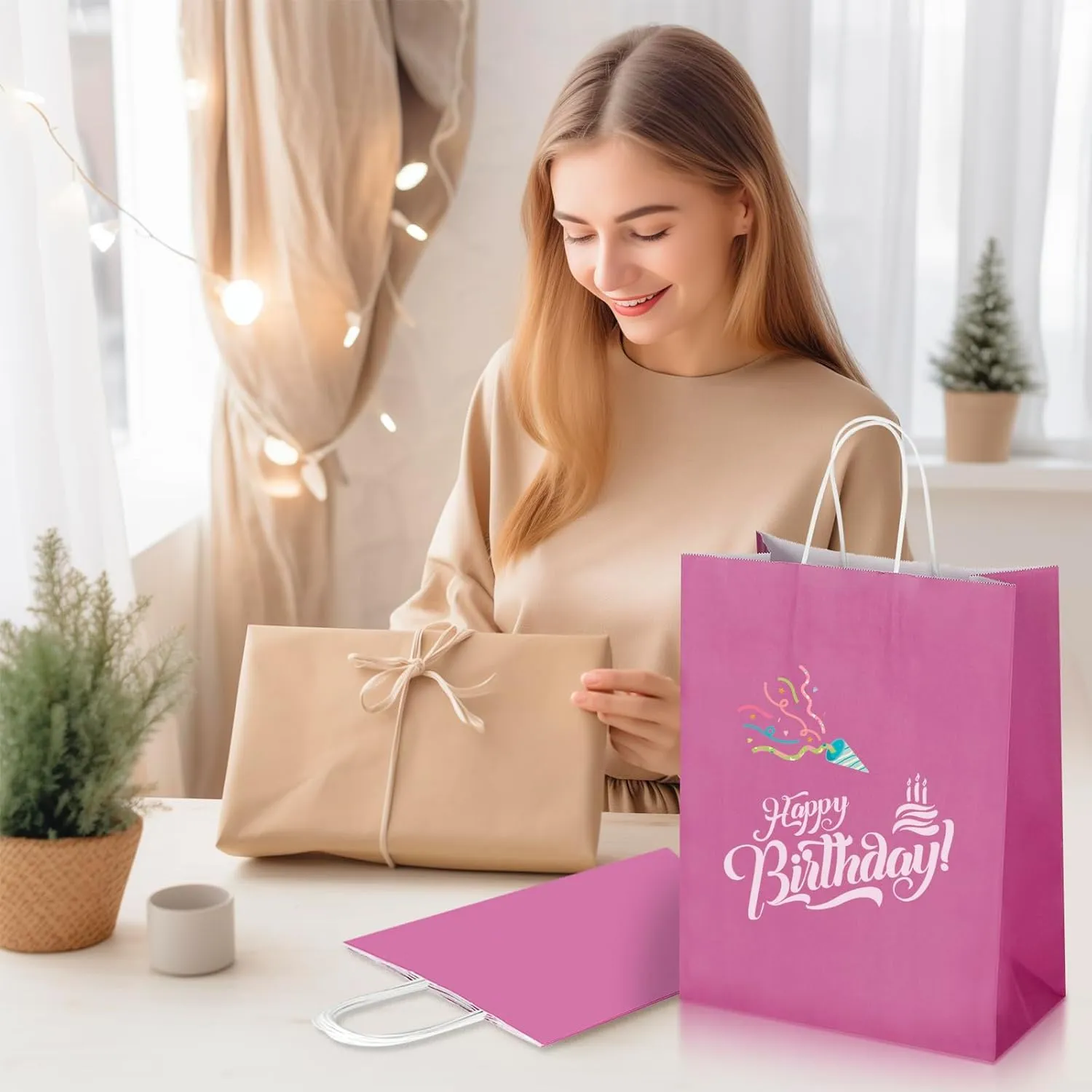 Oikss 50 Pack 10x5x13 Fuchsia Pink Kraft Paper Bags with Handles Bulk for Birthday Party Favors Grocery Retail Shopping Business Goody Recycled Craft Gift Bags (Large Size, 50 Count)