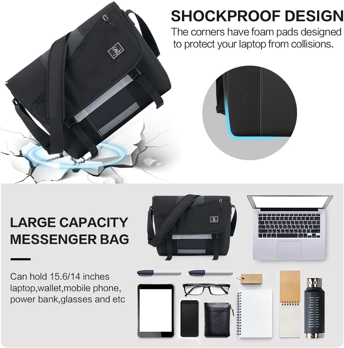 OIWAS Messenger Bag for Men, 14 Inch Laptop Crossbody Bags Women Casual Satchel Shoulder Bag College Travel Office Briefcase