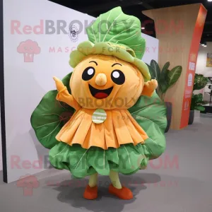 Orange Cabbage Leaf mascot costume character dressed with a A-Line Skirt and Messenger bags