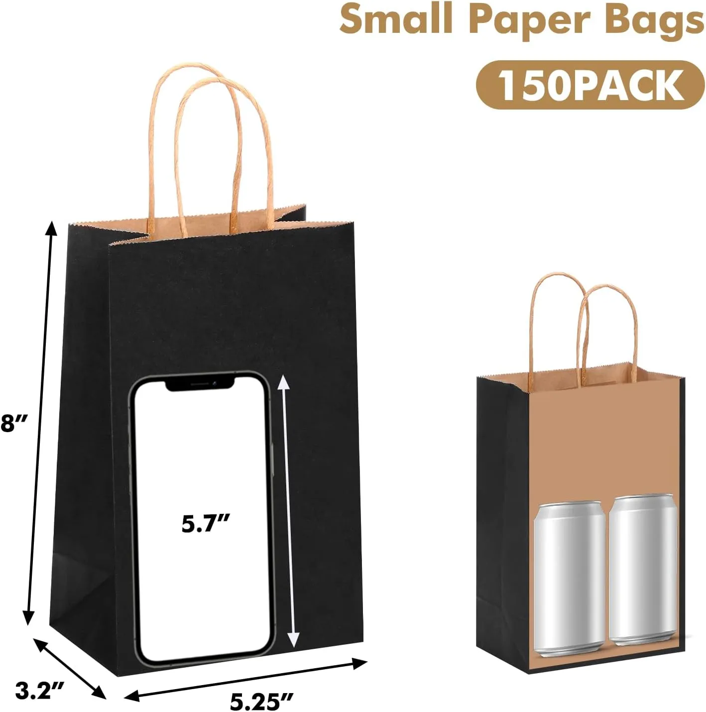 OUTUXED 150pcs Black Paper Bags with Handles, 5.25x3.2x8 Inches Small Gift Bags Bulk for Shopping, Birthday, Wedding, Merchandise and Business Party