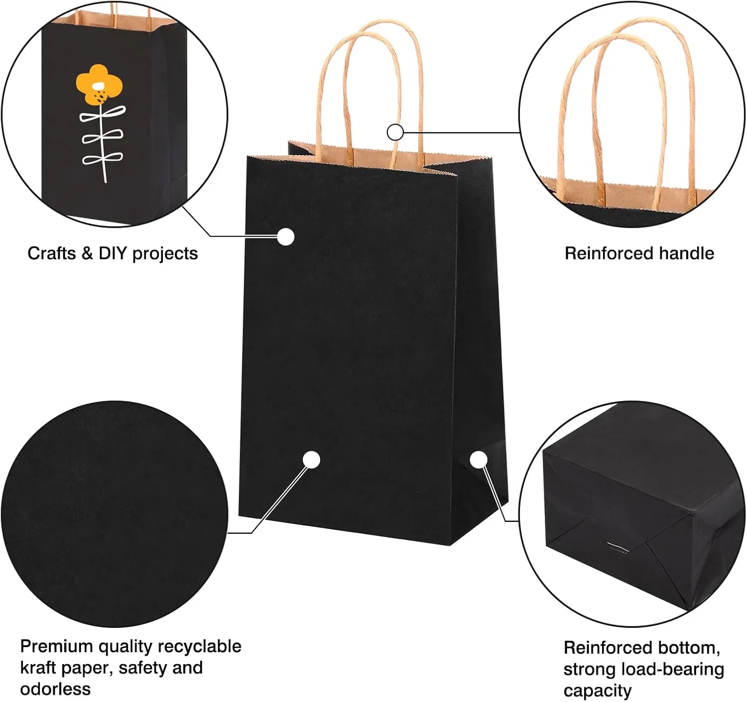 OUTUXED 150pcs Black Paper Bags with Handles, 5.25x3.2x8 Inches Small Gift Bags Bulk for Shopping, Birthday, Wedding, Merchandise and Business Party