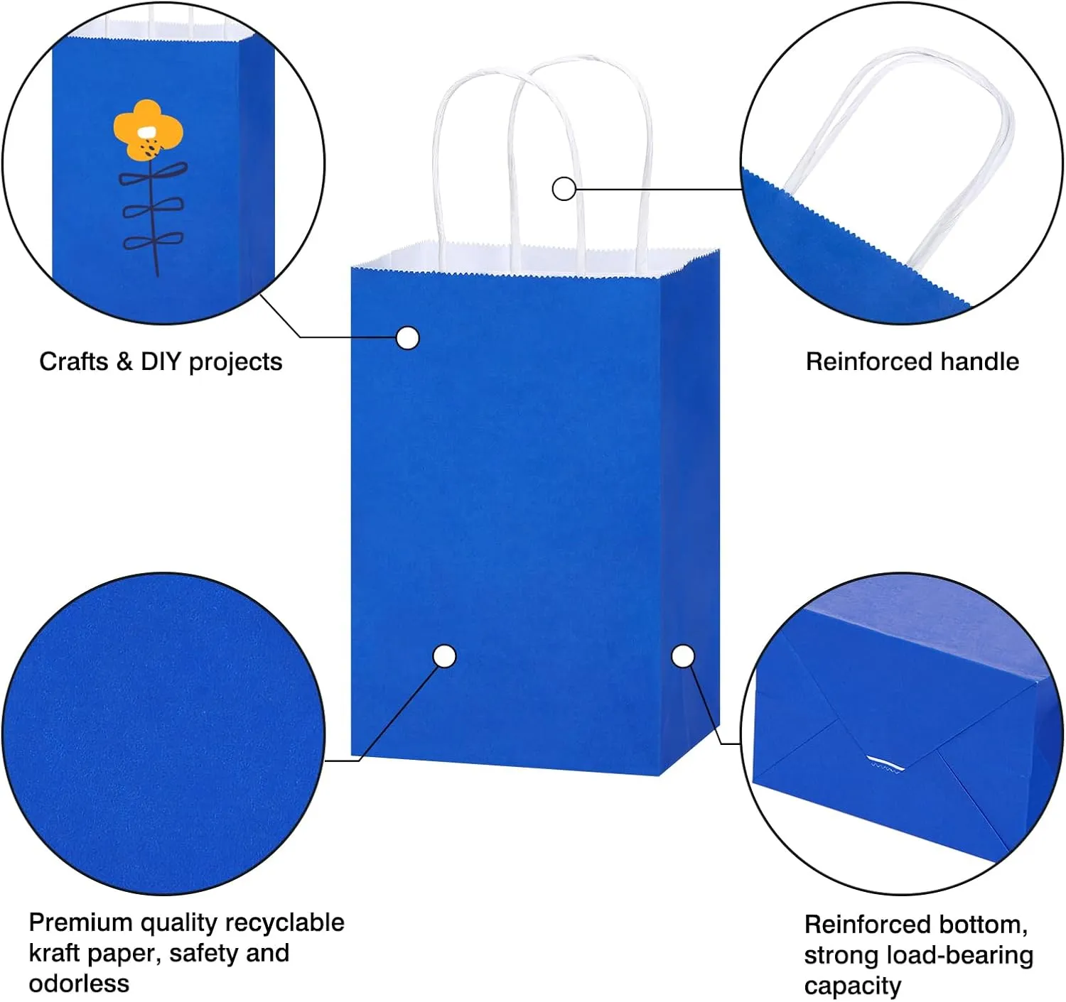 OUTUXED 150pcs Blue Paper Bags with Handles, 5.25x3.2x8 Inches Small Blue Gift Bags Bulk for Shopping, Birthday, Wedding, Merchandise and Business Party