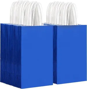 OUTUXED 150pcs Blue Paper Bags with Handles, 5.25x3.2x8 Inches Small Blue Gift Bags Bulk for Shopping, Birthday, Wedding, Merchandise and Business Party