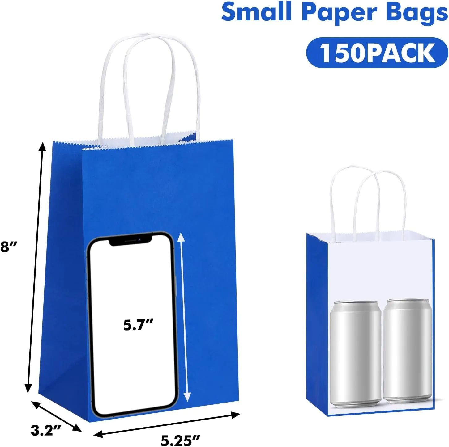 OUTUXED 150pcs Blue Paper Bags with Handles, 5.25x3.2x8 Inches Small Blue Gift Bags Bulk for Shopping, Birthday, Wedding, Merchandise and Business Party