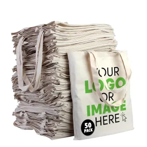 (Pack of 50) Bulk Custom Tote Bags – Personalized Reusable Canvas Bags with Logo for Business, Trade Shows & Corporate Events – Wholesale Cotton Shopping Bags for Promotions & Branding