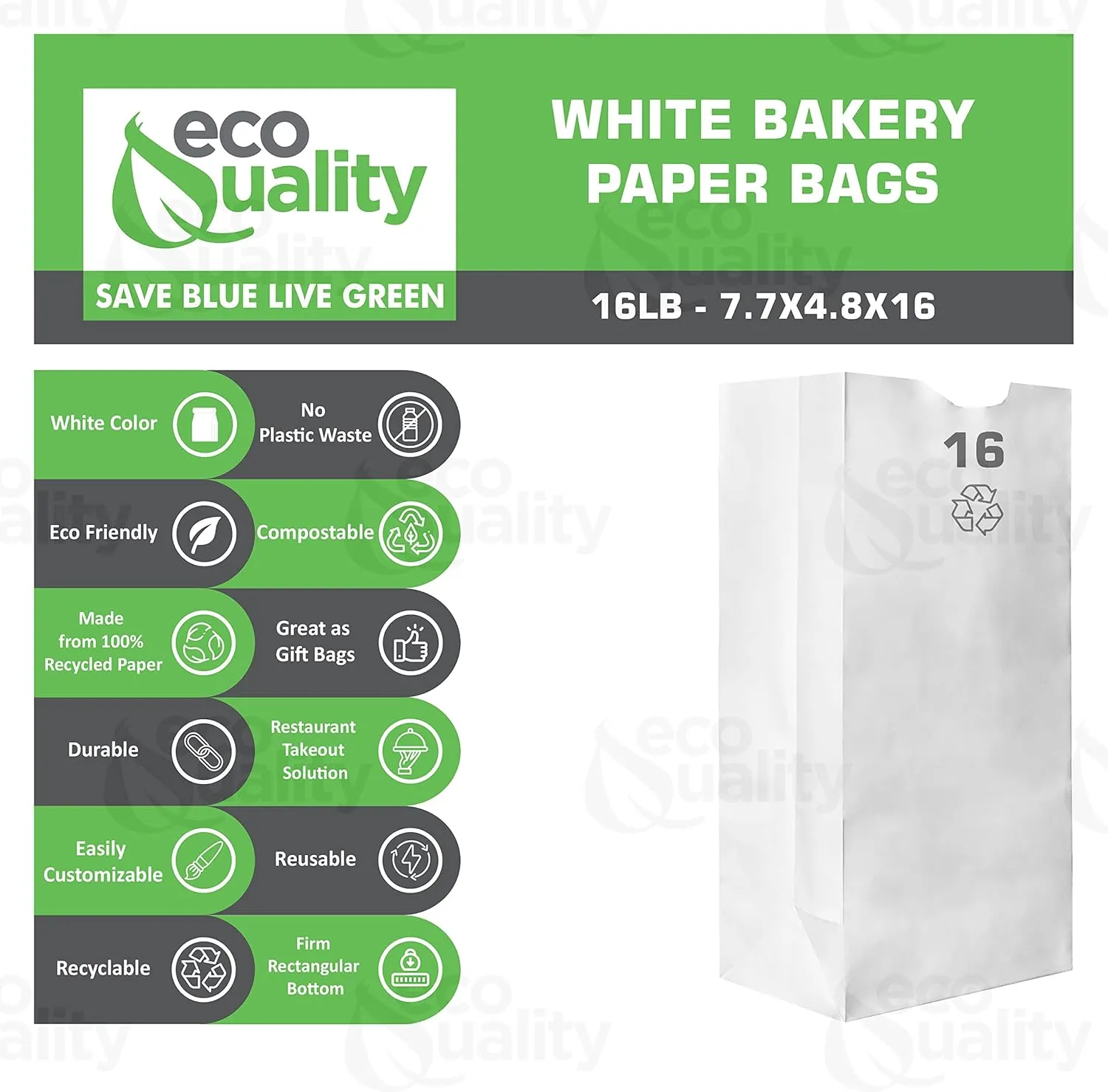 Paper Lunch Bags 16 Lb White Paper Bags 16LB Capacity - Kraft White Paper Bags, Bakery Bags, Candy Bags, Lunch Bags, Grocery Bags, Craft Bags - #16 Large Lunch Paper Bags / Kraft Paper Sacks by EcoQuality (100, #16 - 16LB)