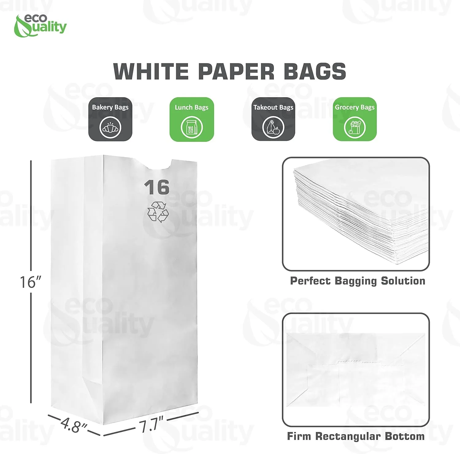 Paper Lunch Bags 16 Lb White Paper Bags 16LB Capacity - Kraft White Paper Bags, Bakery Bags, Candy Bags, Lunch Bags, Grocery Bags, Craft Bags - #16 Large Lunch Paper Bags / Kraft Paper Sacks by EcoQuality (100, #16 - 16LB)