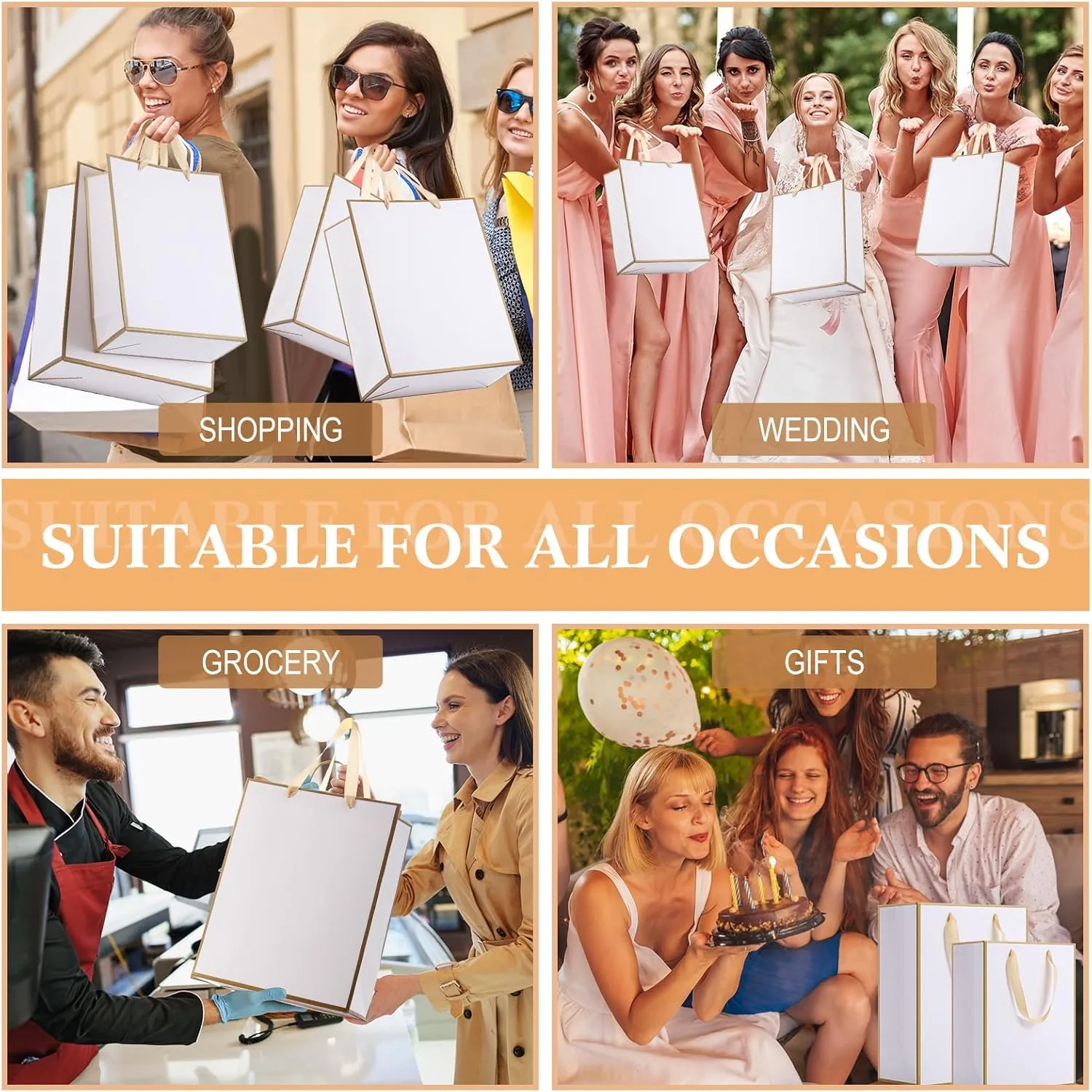 PerKoop 40 Pack Kraft Gift Bags Handled Paper 4 Sizes Goodie with Handles Gift Wrap Dessert Shopping Bags for Business Party Favors (Vertical,White Gold)
