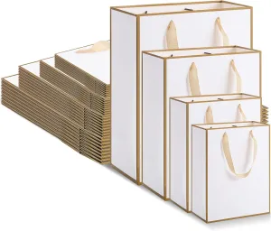 PerKoop 40 Pack Kraft Gift Bags Handled Paper 4 Sizes Goodie with Handles Gift Wrap Dessert Shopping Bags for Business Party Favors (Vertical,White Gold)