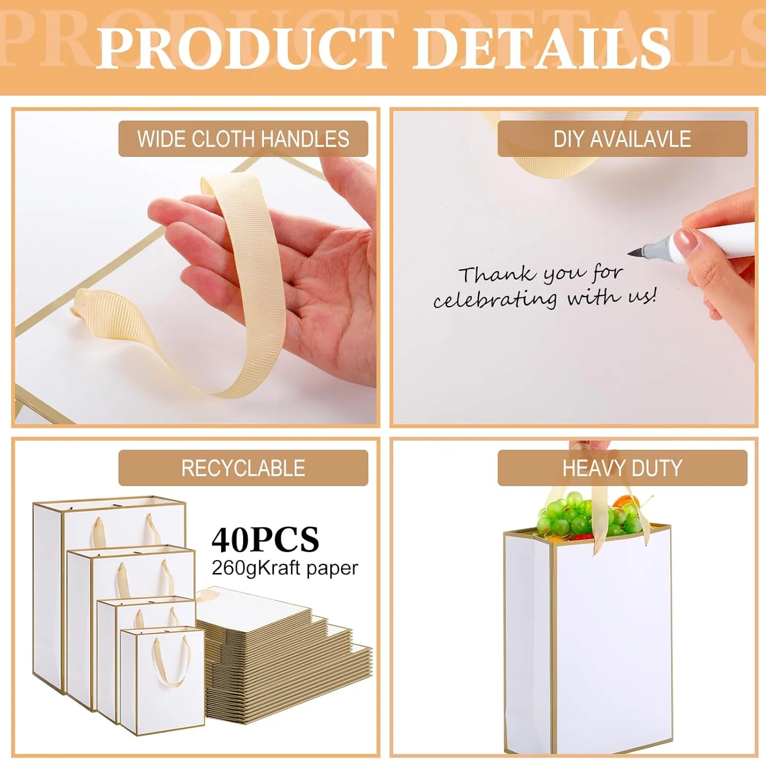 PerKoop 40 Pack Kraft Gift Bags Handled Paper 4 Sizes Goodie with Handles Gift Wrap Dessert Shopping Bags for Business Party Favors (Vertical,White Gold)