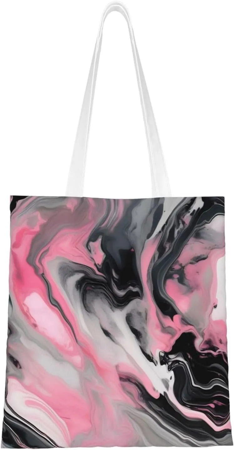 Pink Abstract Ink Marble Gray Artistic Print Canvas Tote Bag Reusable Shoulder Shopping Bags For Daily Use Shopping Travel