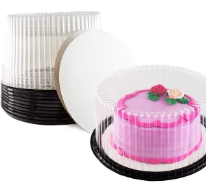 Plastic Cake Container & Board Set By Chefible: Extra-Strong Transparent Round 10" Bakery Display/Storage Boxes With Base, Tall Dome Lid & Honeycomb Design   Sturdy 10" Corrugated White Circles
