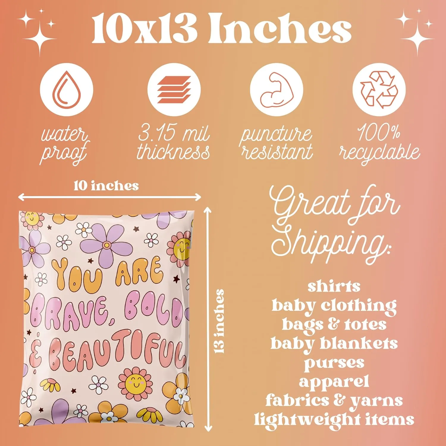 Poly Mailers 10x13 100 Pack, Waterproof & Tear Resistant Mailing Envelopes for Small Business Supplies, Cute Shipping Bags for Clothes & Small Business Bold & Beautiful