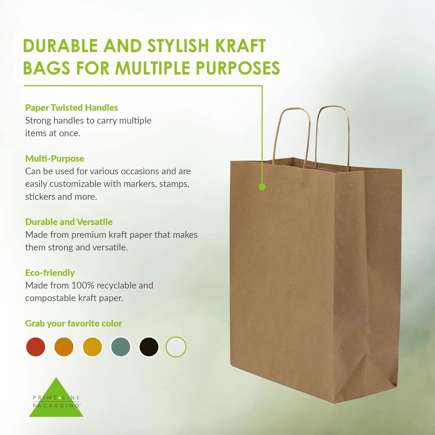 Prime Line Packaging Brown Paper Bags with Handles, Kraft Gift for Small Business, Shopping, Retail Store, Boutique, Christmas, Bulk, 8x4x10, 100 Pack