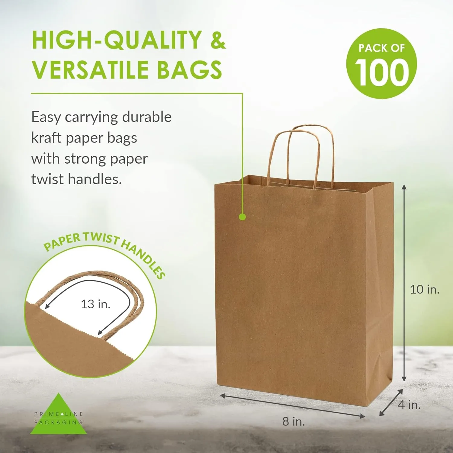 Prime Line Packaging Brown Paper Bags with Handles, Kraft Gift for Small Business, Shopping, Retail Store, Boutique, Christmas, Bulk, 8x4x10, 100 Pack