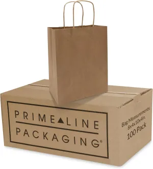 Prime Line Packaging Brown Paper Bags with Handles, Kraft Gift for Small Business, Shopping, Retail Store, Boutique, Christmas, Bulk, 8x4x10, 100 Pack