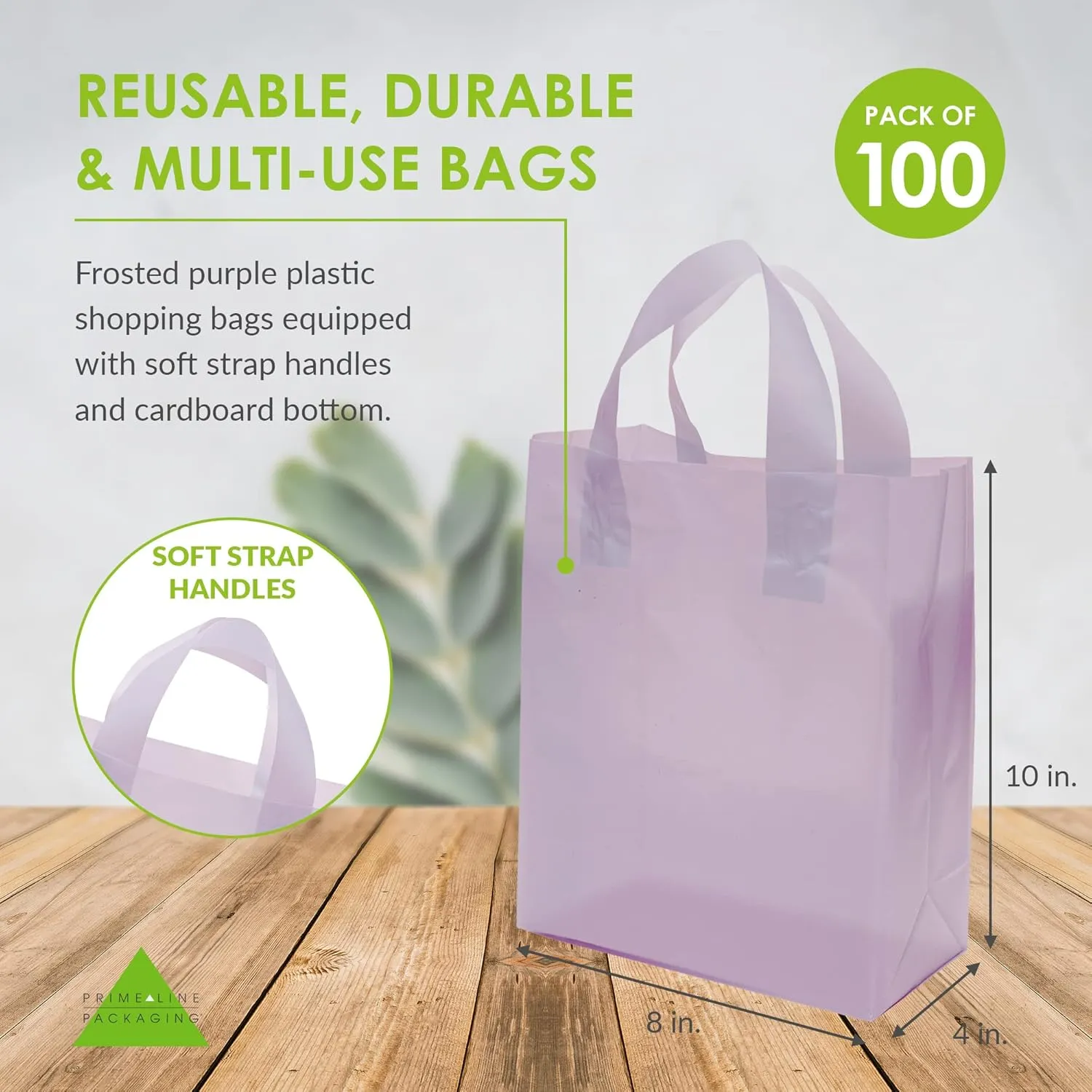 Prime Line Packaging Plastic Gift Bags for Small Business, Purple Tote Bags for Boutiques, Goodie, Party Favor, Takeout, Thank you, Bulk, 8x4x10 100 Pack