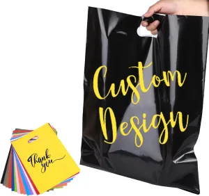 Printed Plastic Shopping Bags, Personalized Plastic Bags with Full Color Logo, Black Merchandise Bag with Handle for Boutique, Business, Clothing, Gift (100)