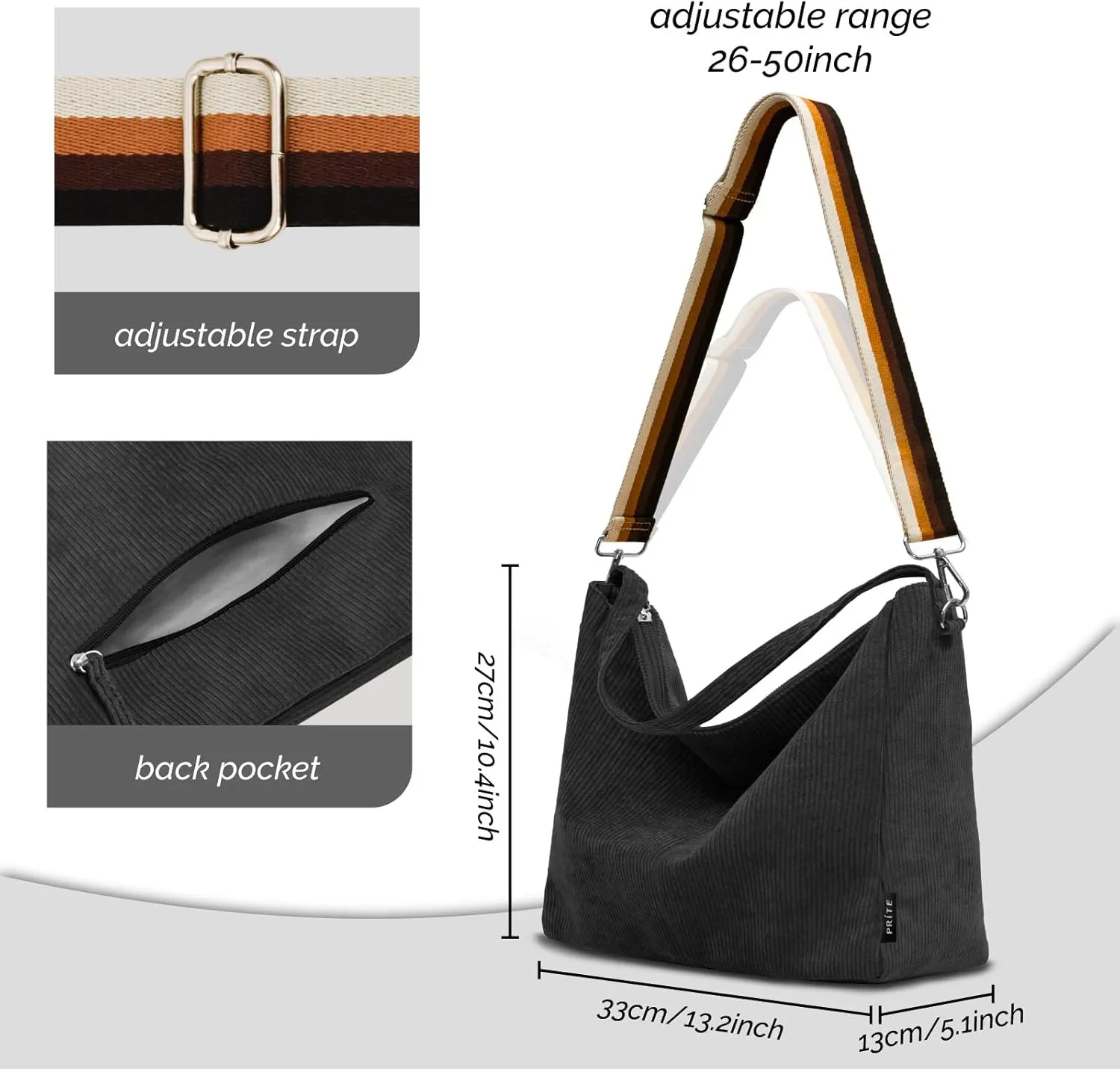 Prite Corduroy Tote Bag for Women, Large Zippered Messenger Bag with Pockets, Hobo Handbag for Shopping, Work, College