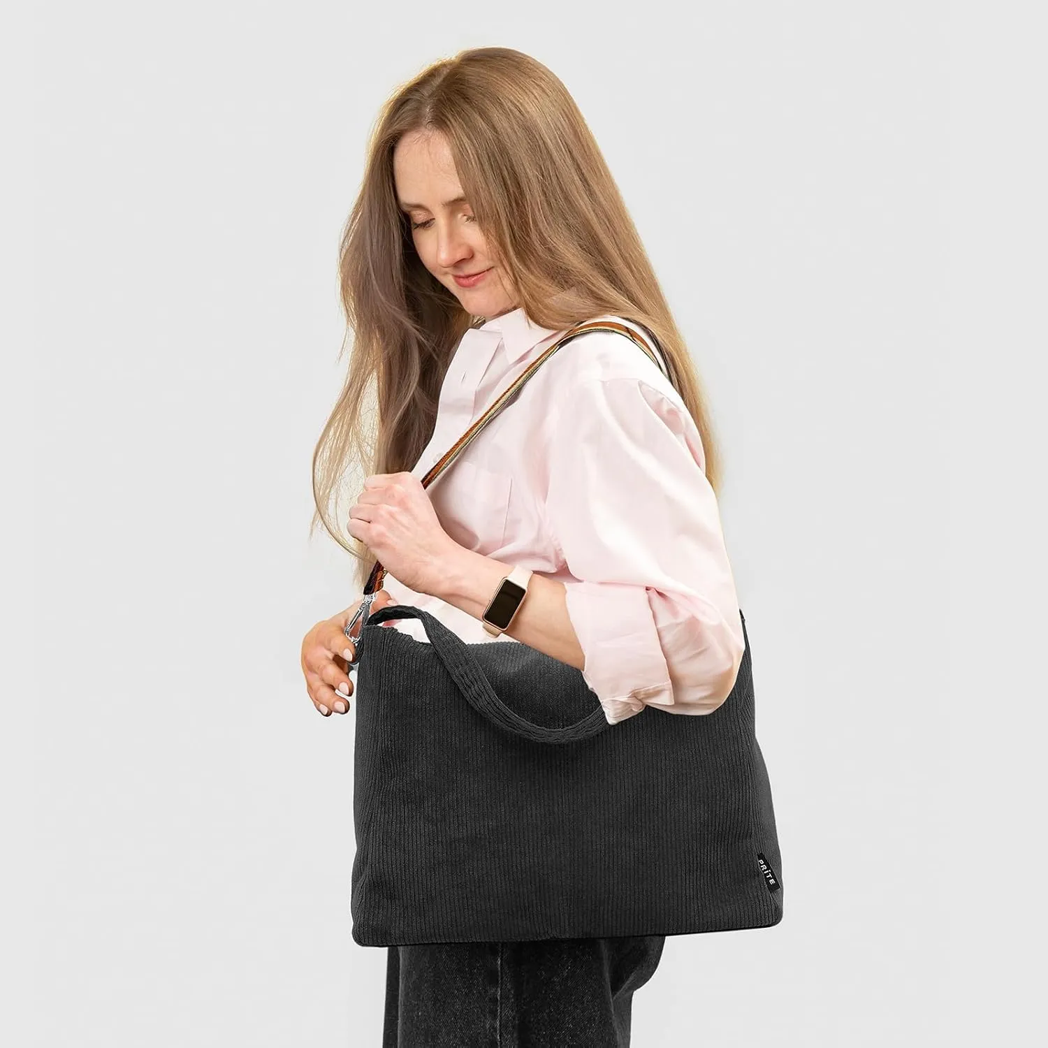 Prite Corduroy Tote Bag for Women, Large Zippered Messenger Bag with Pockets, Hobo Handbag for Shopping, Work, College