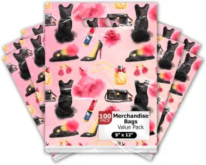 Pro Supply Global 9x12 100 Count Fashion Makeup Boutique Designer Retail Merchandise Bags with Die Cut Handles Premium Printed Shopping Bags For Small Business Shop Owners
