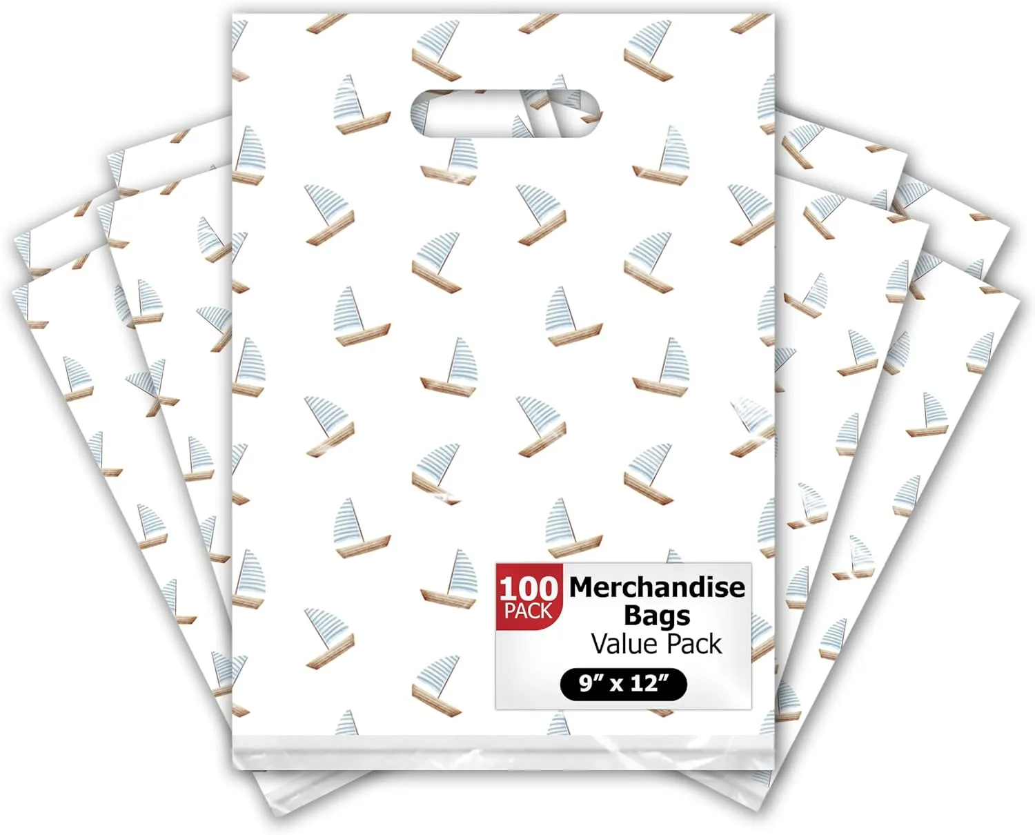 Pro Supply Global 9x12 100 Count Sailboats Designer Retail Boutique Merchandise Bags with Die Cut Handles Premium Printed Shopping Bags For Small Business Shop Owners
