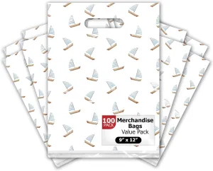 Pro Supply Global 9x12 100 Count Sailboats Designer Retail Boutique Merchandise Bags with Die Cut Handles Premium Printed Shopping Bags For Small Business Shop Owners