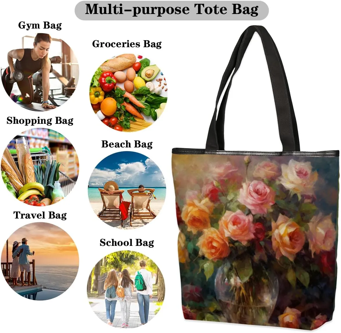 QsirBC Fun Cat Canvas Tote Bag for Women Reusable Shoulder Totebag Pocket Zipper Casual Handbag