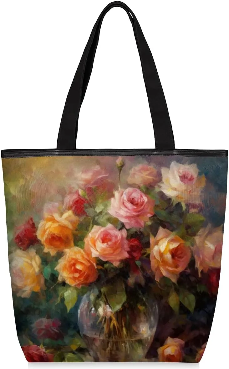 QsirBC Fun Cat Canvas Tote Bag for Women Reusable Shoulder Totebag Pocket Zipper Casual Handbag