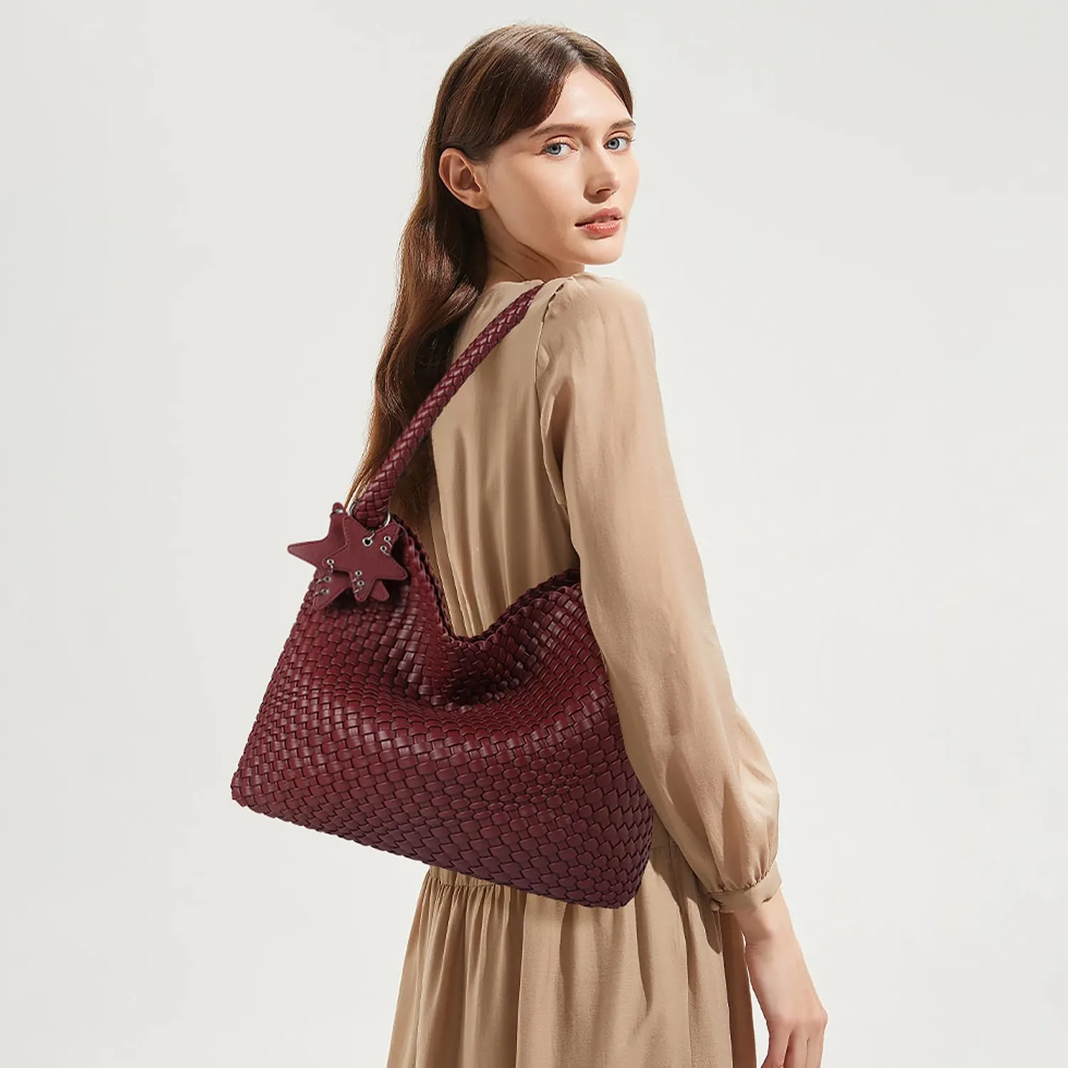 Queenoris Woven Tote Bag for Women, Fashion Vegan Leather Shoulder Handbags Summer Beach Bag Top-handle Travel Totes