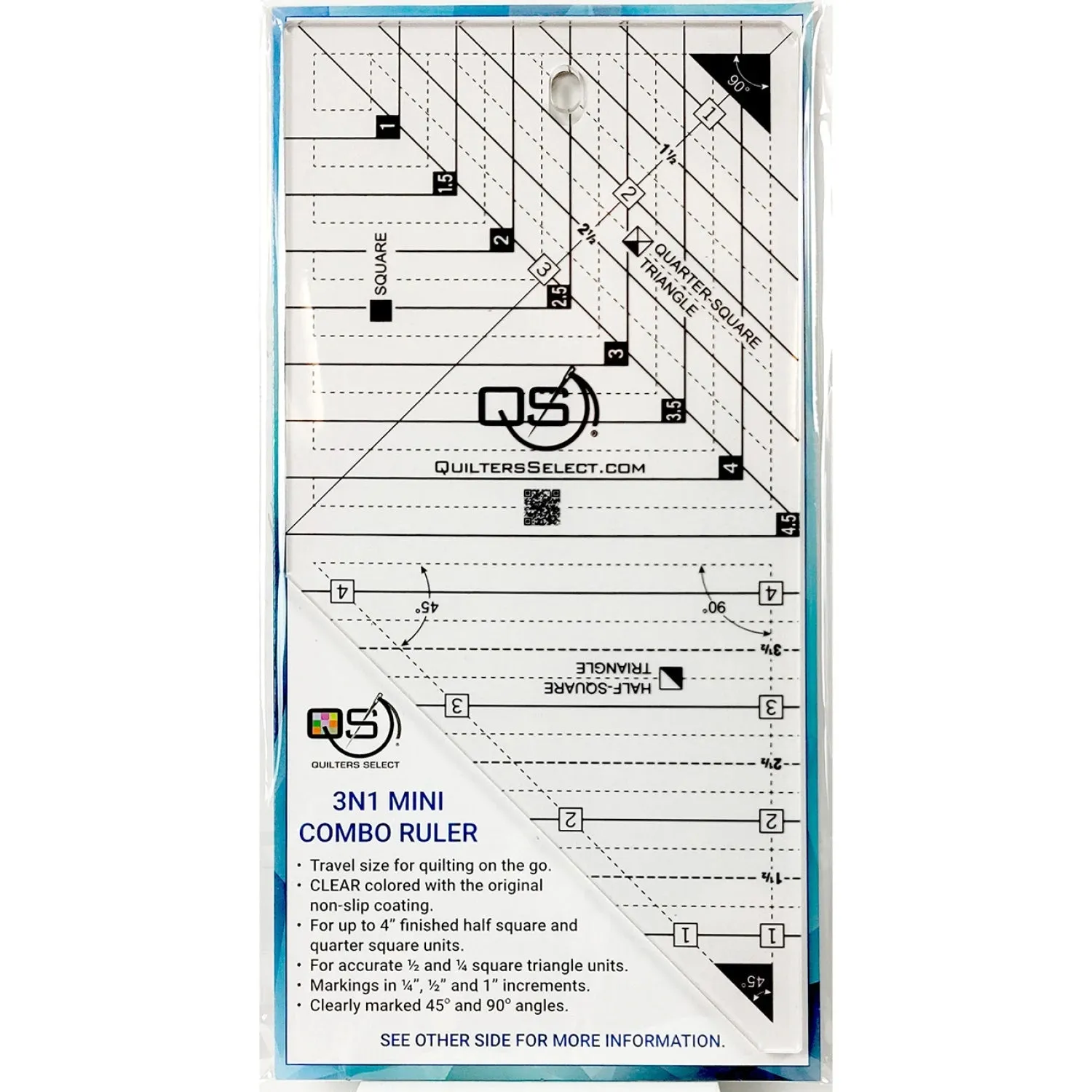 Quilters Select Mini 3-in-1 Crystal Triangle / Square Combo Ruler