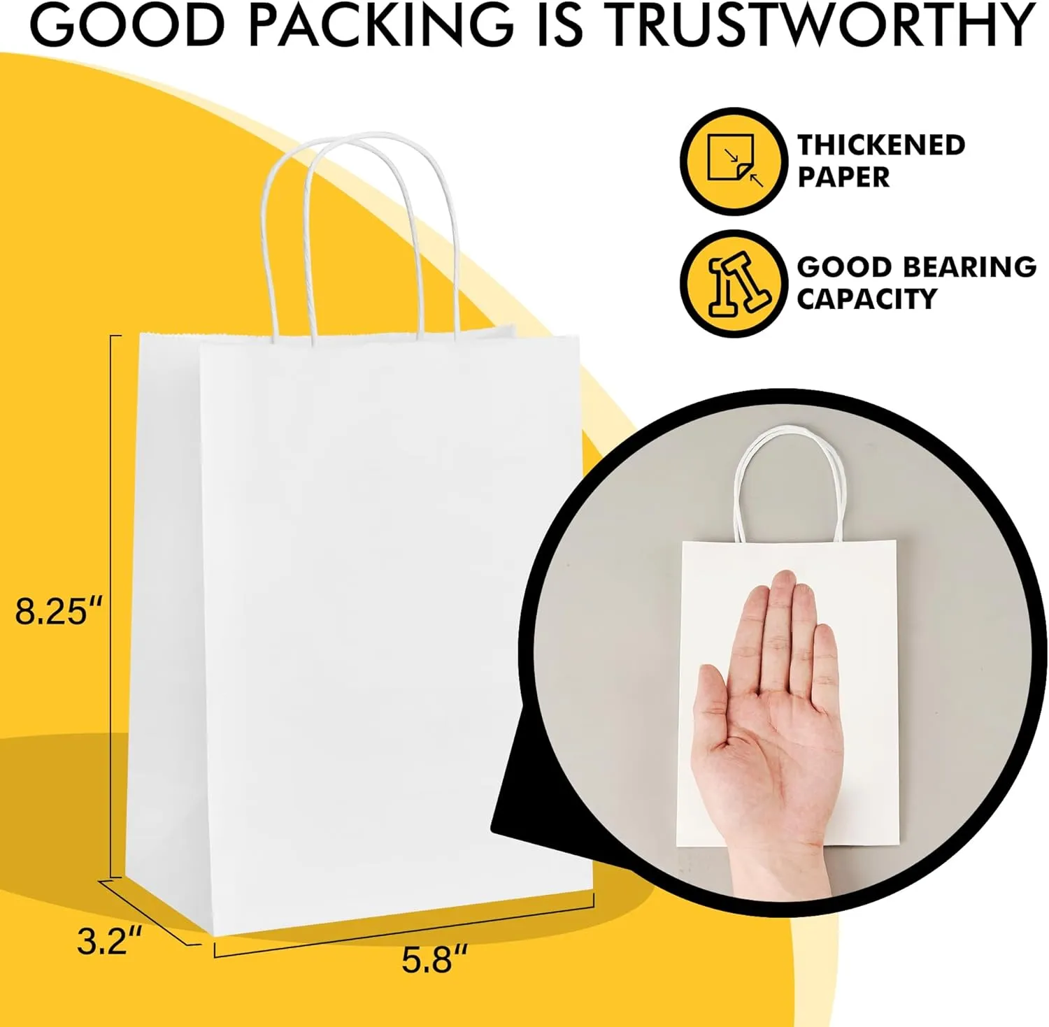 RACETOP 100 Pack Small Gift Bags 5.8x3.2x8.25 Inch White Kraft Paper Bags with Handles Bulk, Retail Shopping Bag for Birthday Party Favors, Grocery, Wedding, Craft