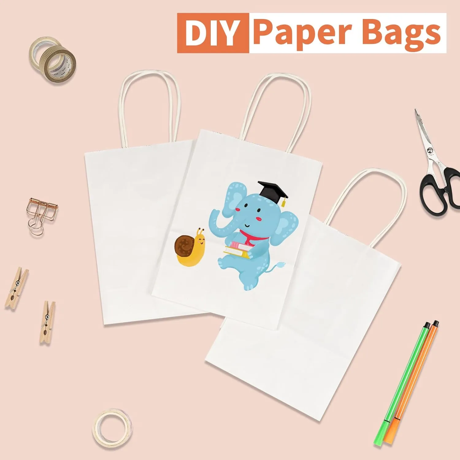 RACETOP 100 Pack Small Gift Bags 5.8x3.2x8.25 Inch White Kraft Paper Bags with Handles Bulk, Retail Shopping Bag for Birthday Party Favors, Grocery, Wedding, Craft
