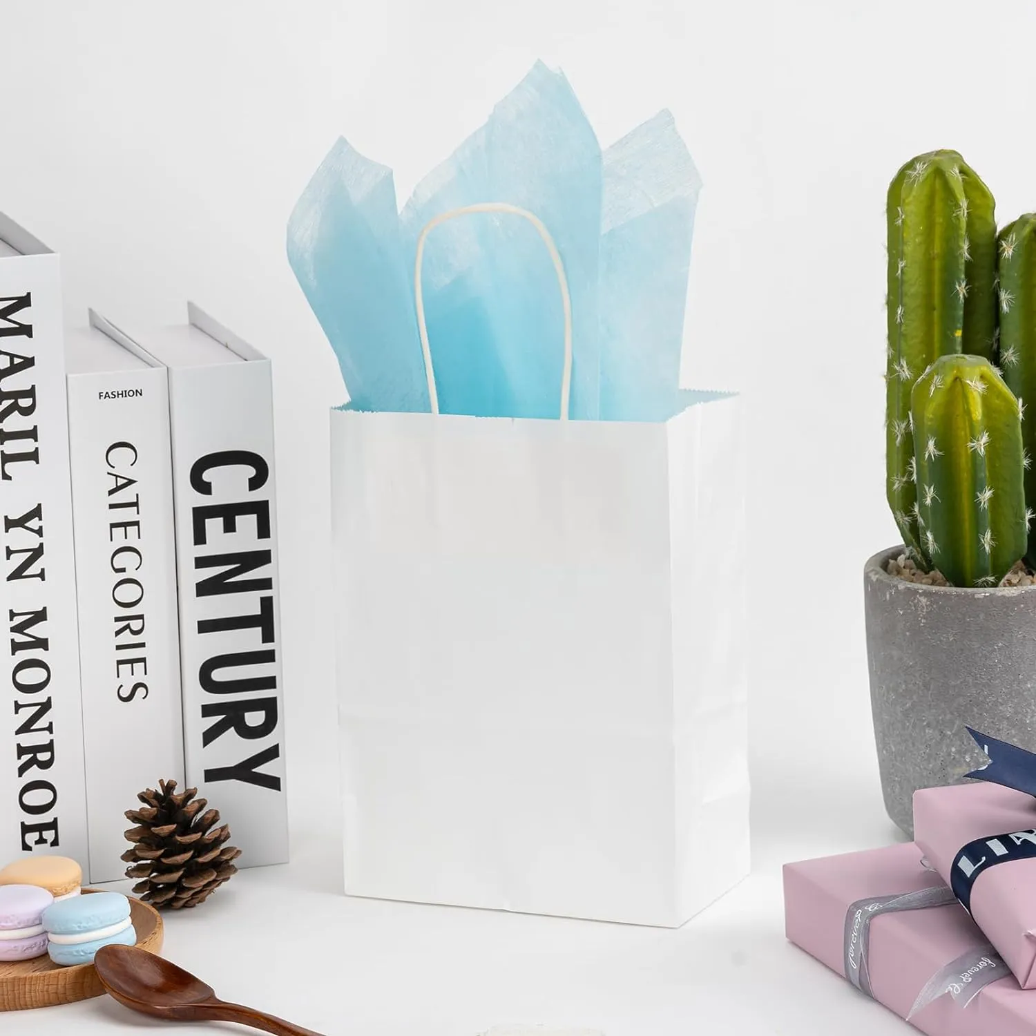 RACETOP 100 Pack Small Gift Bags 5.8x3.2x8.25 Inch White Kraft Paper Bags with Handles Bulk, Retail Shopping Bag for Birthday Party Favors, Grocery, Wedding, Craft