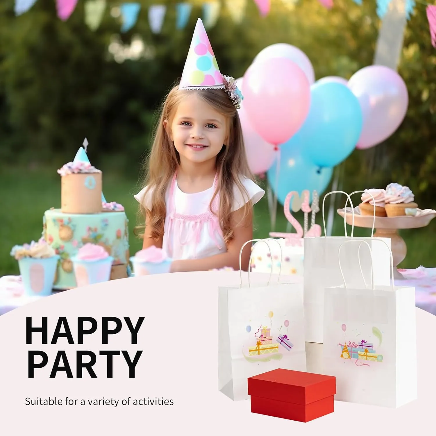 RACETOP 100 Pack Small Gift Bags 5.8x3.2x8.25 Inch White Kraft Paper Bags with Handles Bulk, Retail Shopping Bag for Birthday Party Favors, Grocery, Wedding, Craft