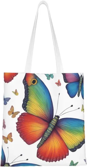 Rainbow Butterfly Print Canvas Tote Bag Reusable Shoulder Shopping Bags For Daily Use Shopping Travel