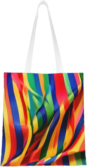 Rainbow Color Stripe Print Canvas Tote Bag Reusable Shoulder Shopping Bags For Daily Use Shopping Travel
